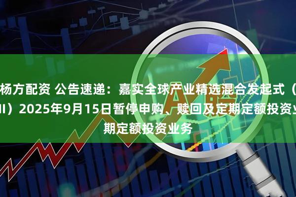 杨方配资 公告速递：嘉实全球产业精选混合发起式（QDII）2025年9月15日暂停申购、赎回及定期定额投资业务